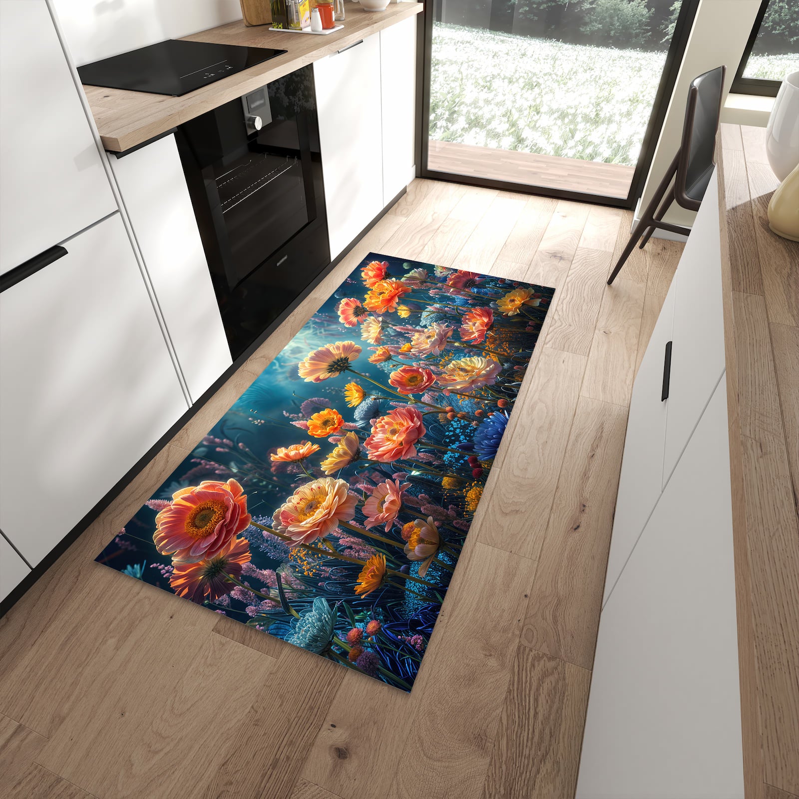 Hygienischer Küchenteppich mit Motiv Blumengarten in moderner Küche