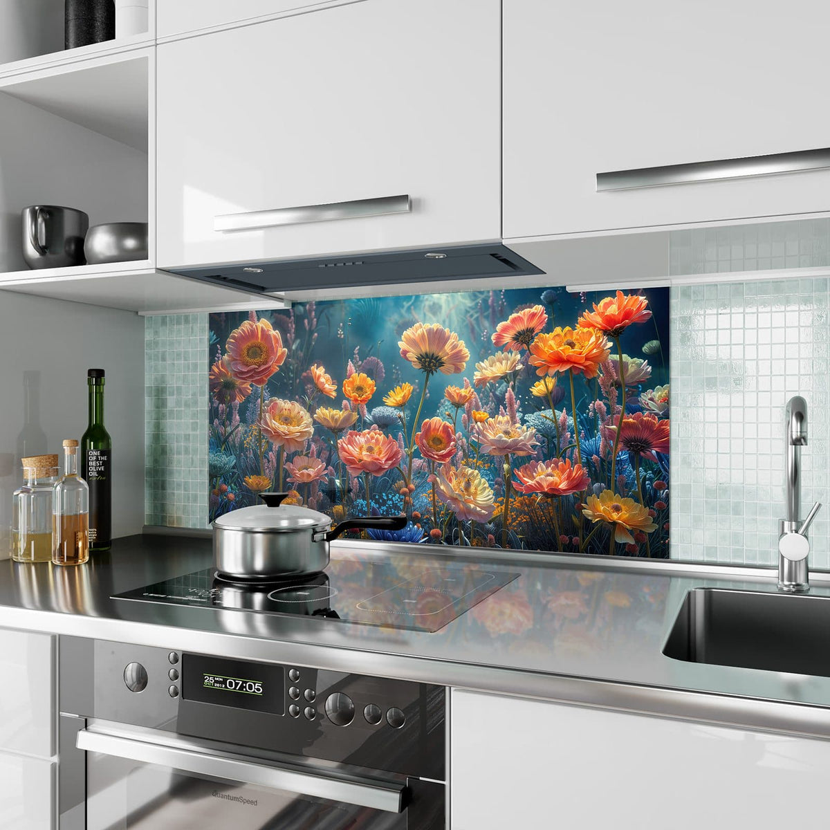 Küchenrückwand aus Glas Bunte Blütenwiese im Hochformat als Spritzschutz hinter dem Kochfeld, über dem Fliesenspiegel montiert