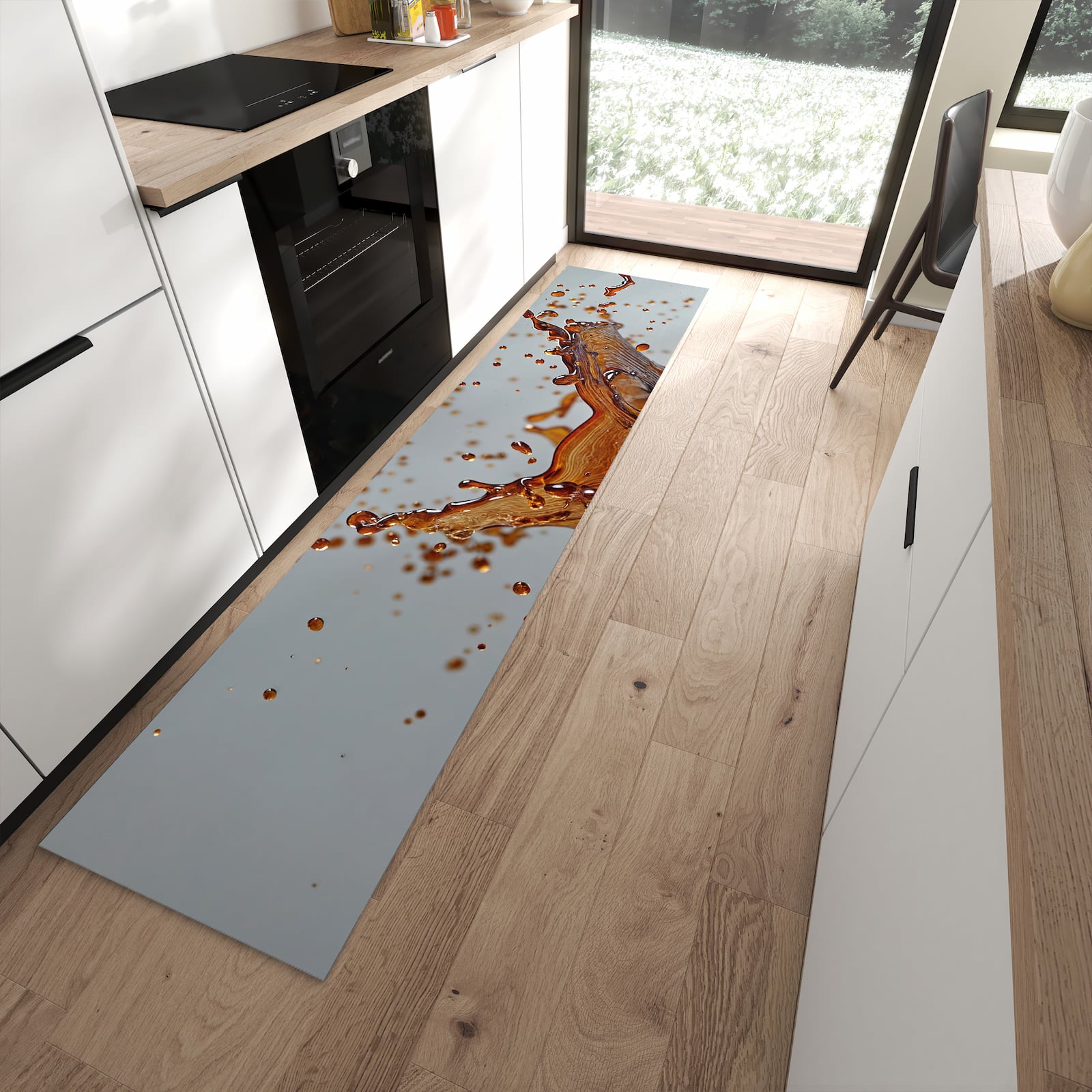 Bodenschonender rutschfester Küchenläufer mit Motiv Kaffeeexplosion in moderner Küche