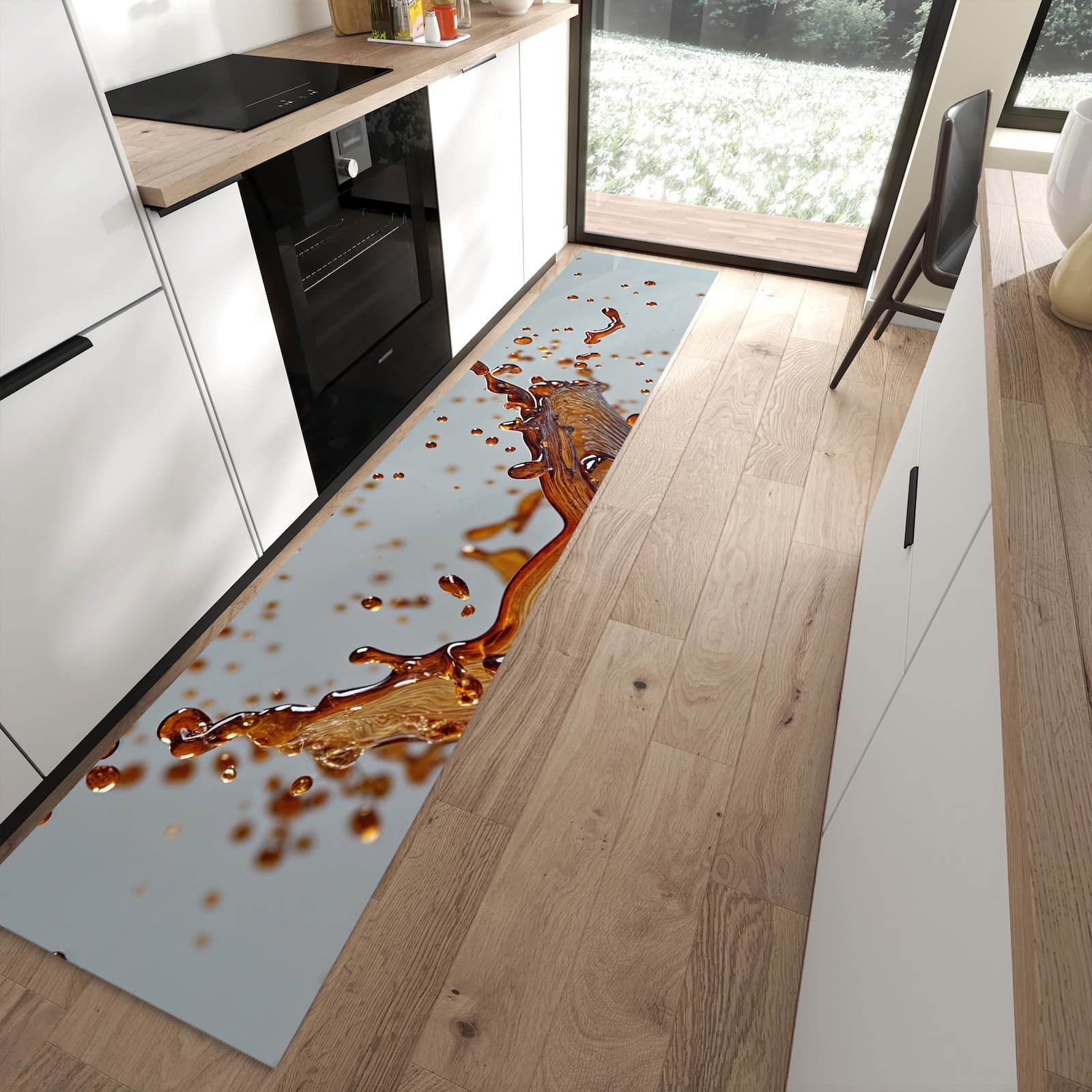 Farbbeständiger waschbarer Küchenläufer mit Motiv Kaffeeexplosion in moderner Küche