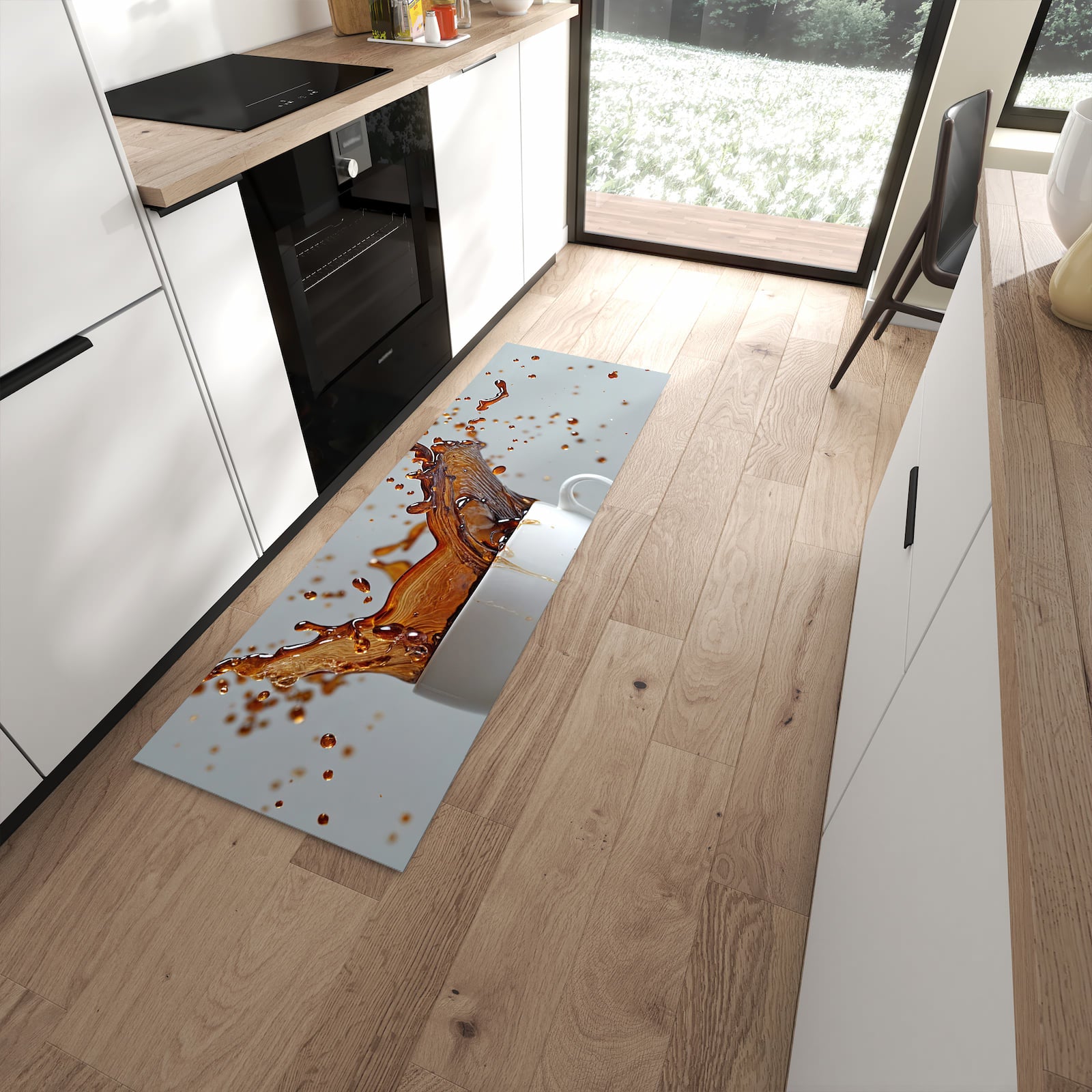 Rutschfester Küchenläufer mit Motiv Kaffeeexplosion schützt Böden in moderner Küche