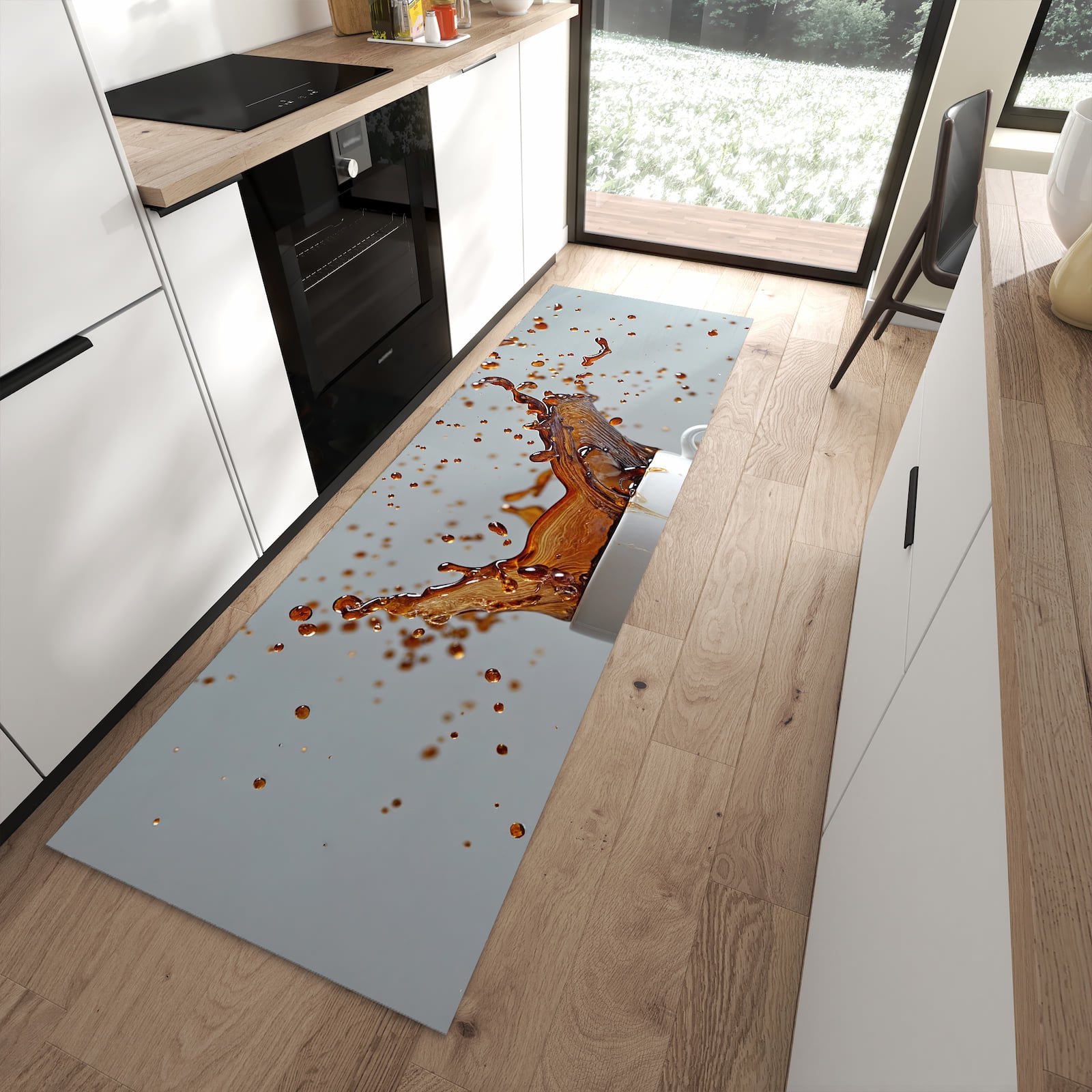 Zeitsparender Küchenläufer nach Maß mit Motiv Kaffeeexplosion in moderner Küche