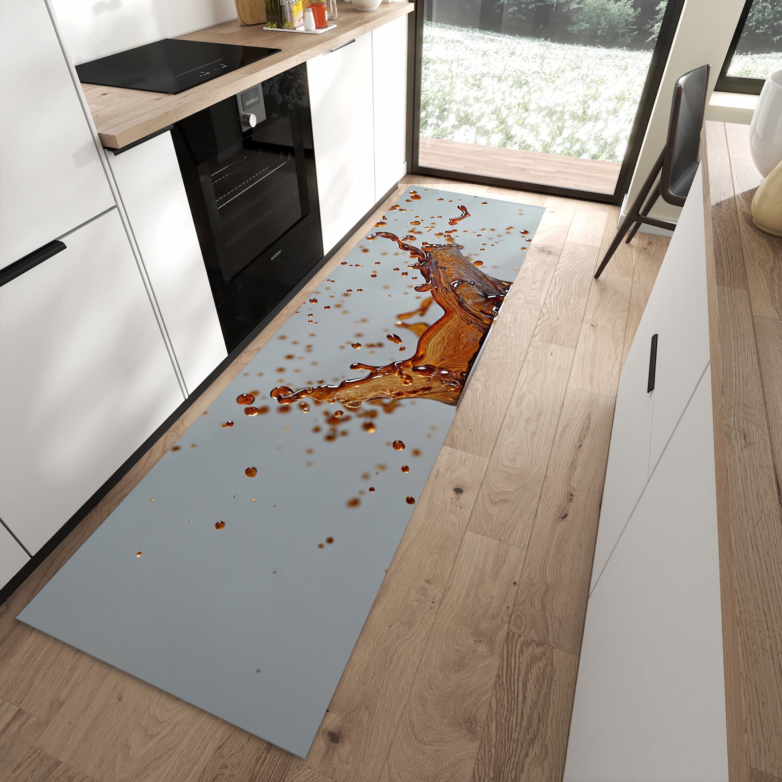 Geräuschdämpfender waschbarer Küchenläufer mit Motiv Kaffeeexplosion in moderner Küche