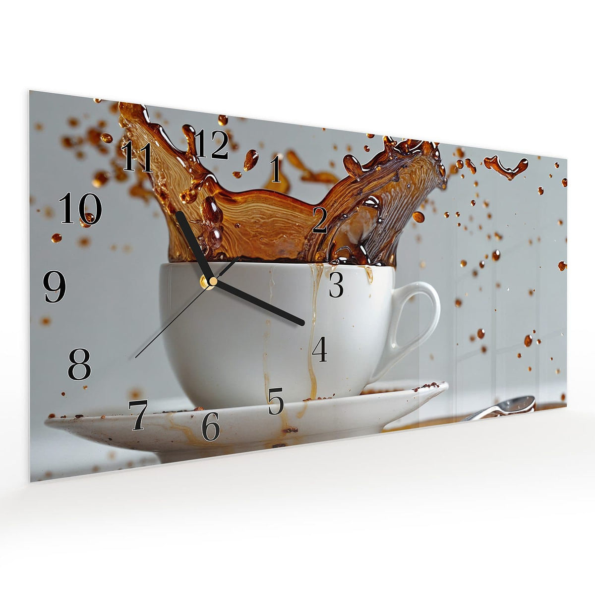 Vormontiert – mit Schwebeeffekt – Wanduhr Kaffeeexplosion aus Glas – Querformat 60 × 30 cm