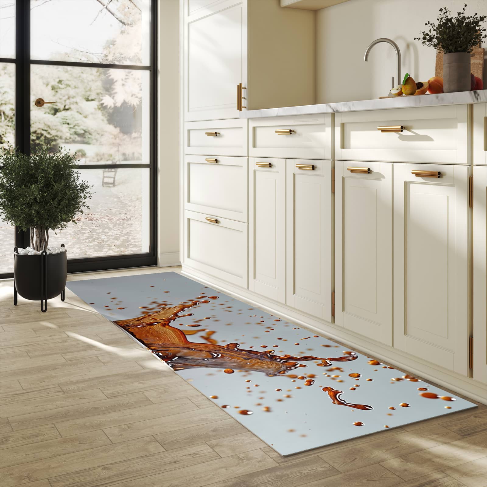 Langlebiger, waschbarer Küchenläufer mit Motiv Kaffeeexplosion in heller Küche