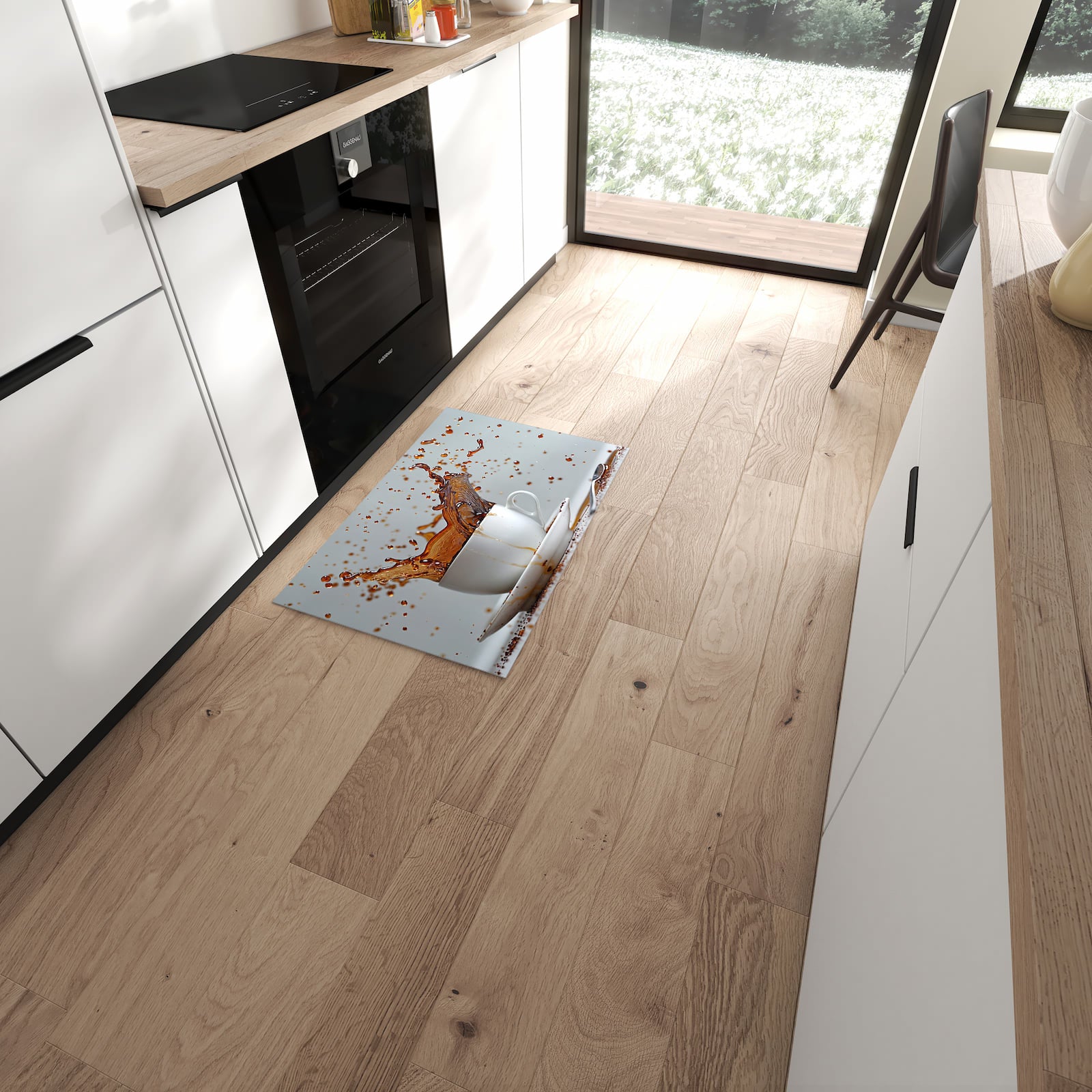 Formstabiler rutschfester Küchenläufer mit Motiv Kaffeeexplosion in moderner Küche