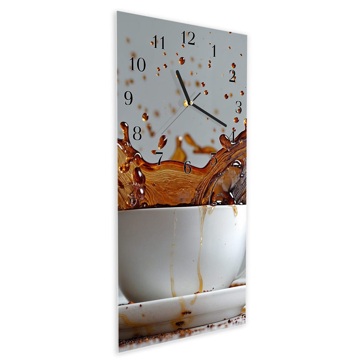Vormontiert – mit Schwebeeffekt – Wanduhr Kaffeeexplosion aus Glas – Hochformat 30 × 60 cm