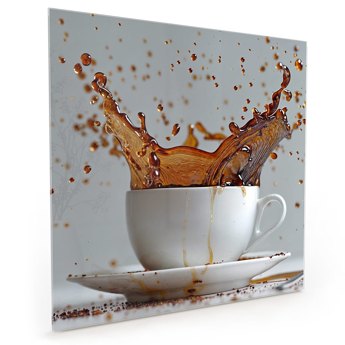 Küchenrückwand aus Glas im quadratischen Format: Kaffee schießt in großem Schwall aus einer weißen Tasse mit Untertasse vor grauem Grund #grösse_40 x 40 cm #grösse_50 x 50 cm #grösse_60 x 60 cm