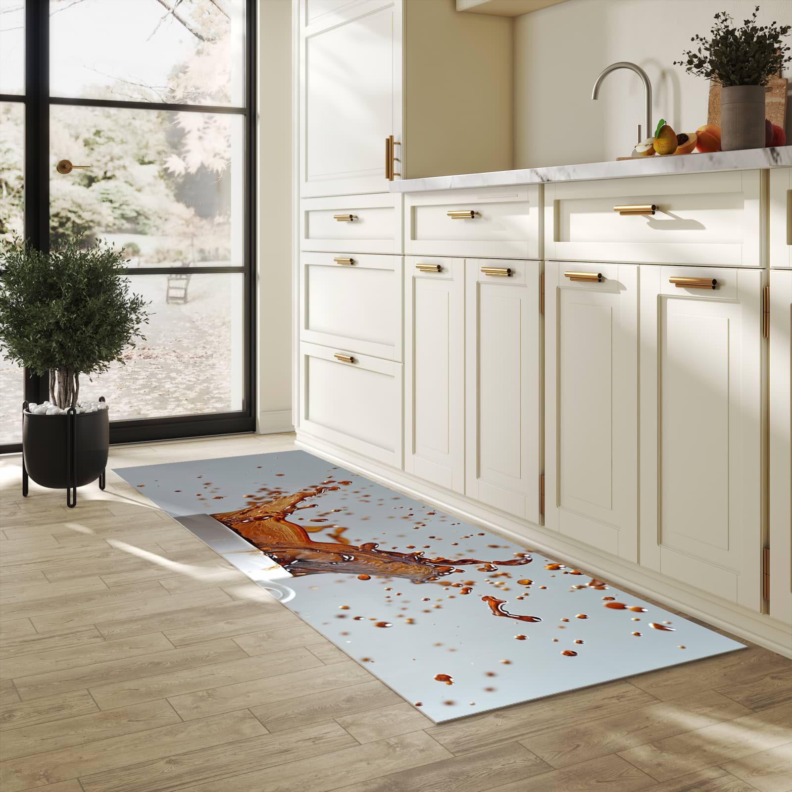 Geruchsneutraler Küchenläufer nach Maß mit Motiv Kaffeeexplosion in heller Küche