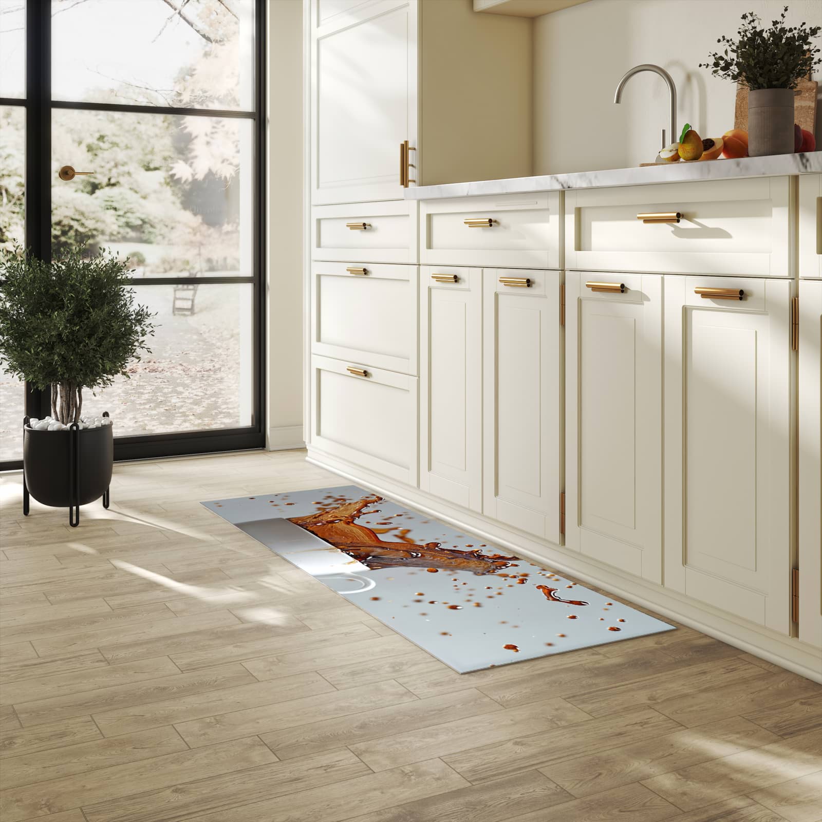 Abriebfester rutschfester Küchenläufer mit Motiv Kaffeeexplosion in heller Küche