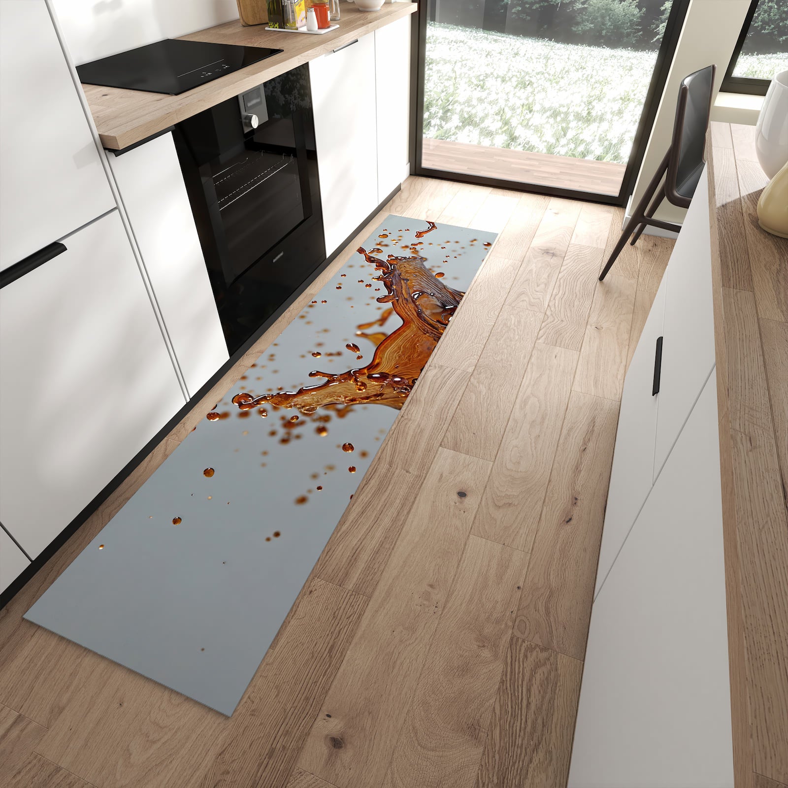 Rutschfester Küchenläufer mit Motiv Kaffeeexplosion für Ordnung in moderner Küche