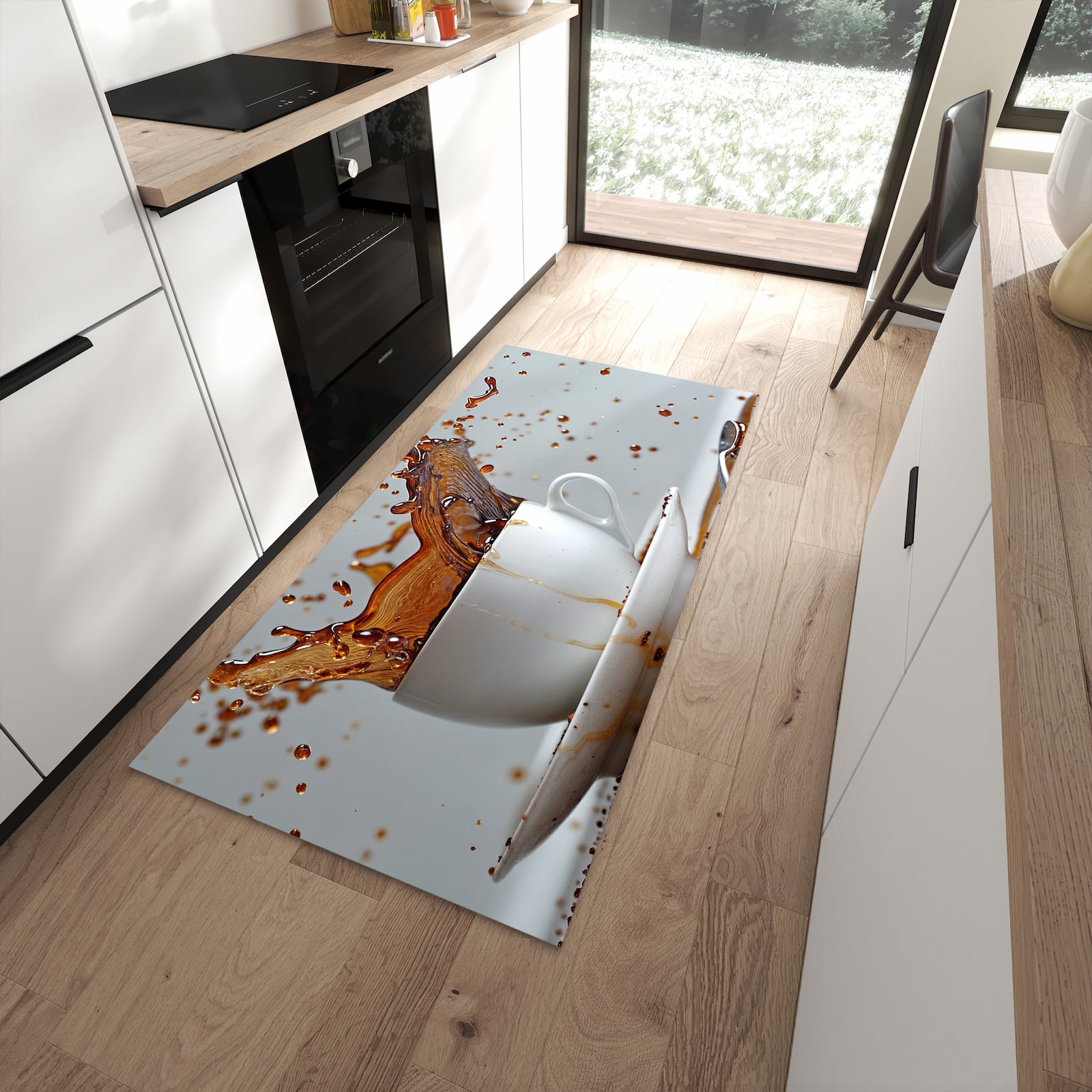 UV-beständiger abwaschbarer Küchenläufer mit Motiv Kaffeeexplosion in moderner Küche