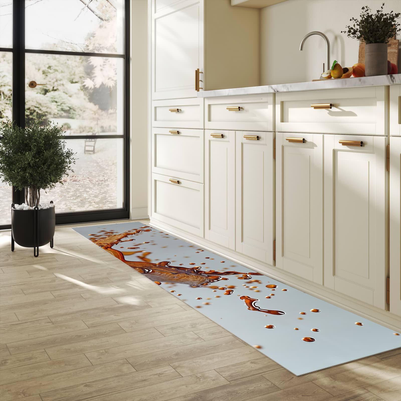 Wasserabweisender waschbarer Küchenläufer mit Motiv Kaffeeexplosion in heller Küche