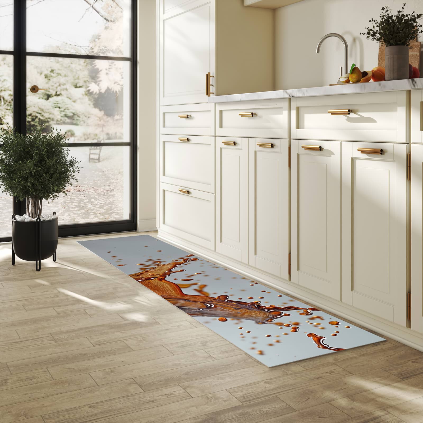 Rutschfester Küchenläufer mit Motiv Kaffeeexplosion für Trittkomfort in heller Küche