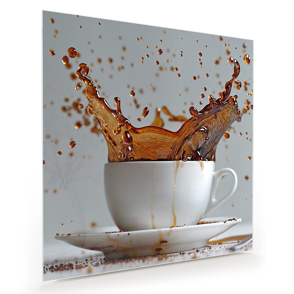 Kaffee schießt in großem Schwall aus einer weißen Tasse mit Untertasse vor grauem Grund