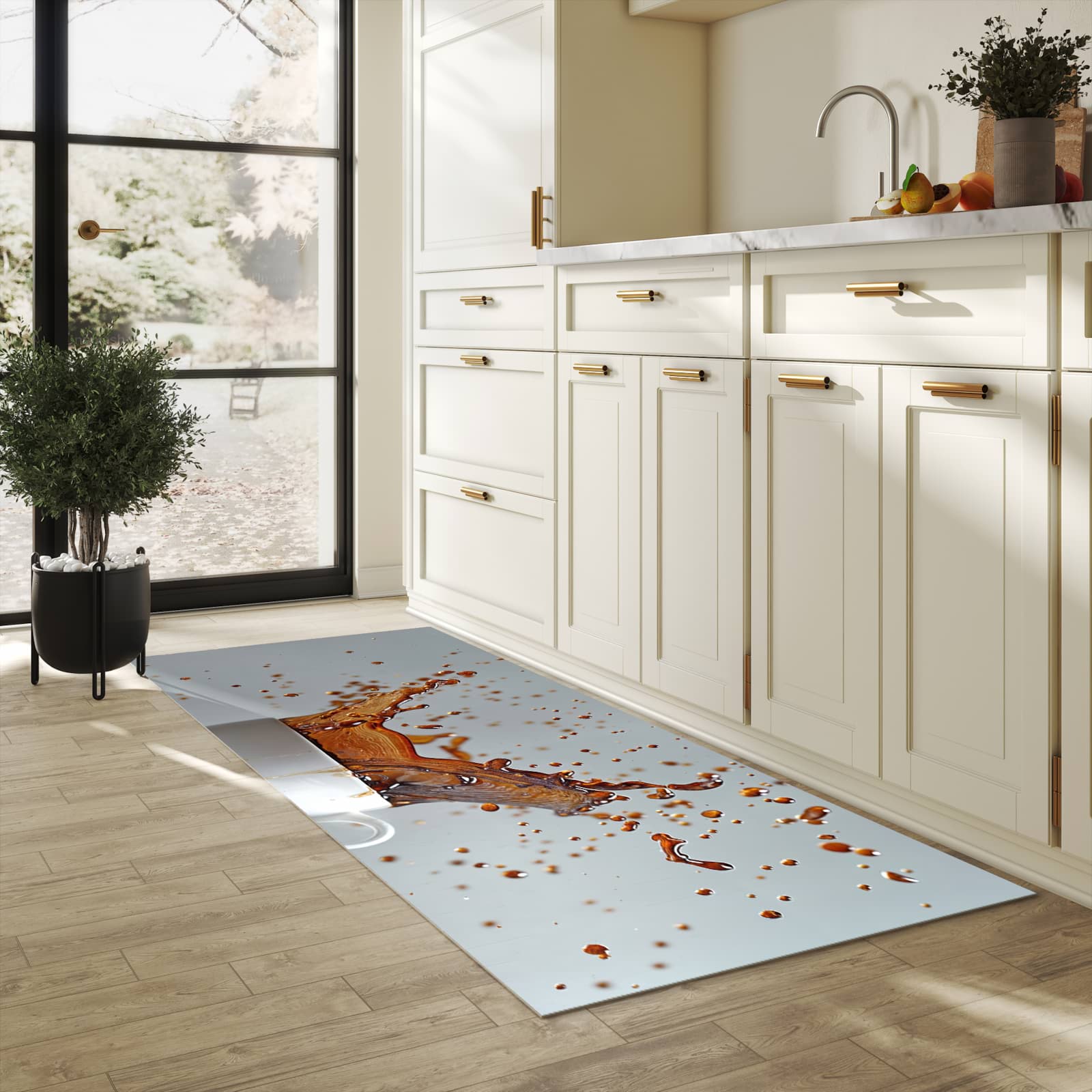 Komfortabler abwaschbarer Küchenteppich mit Motiv Kaffeeexplosion in heller Küche