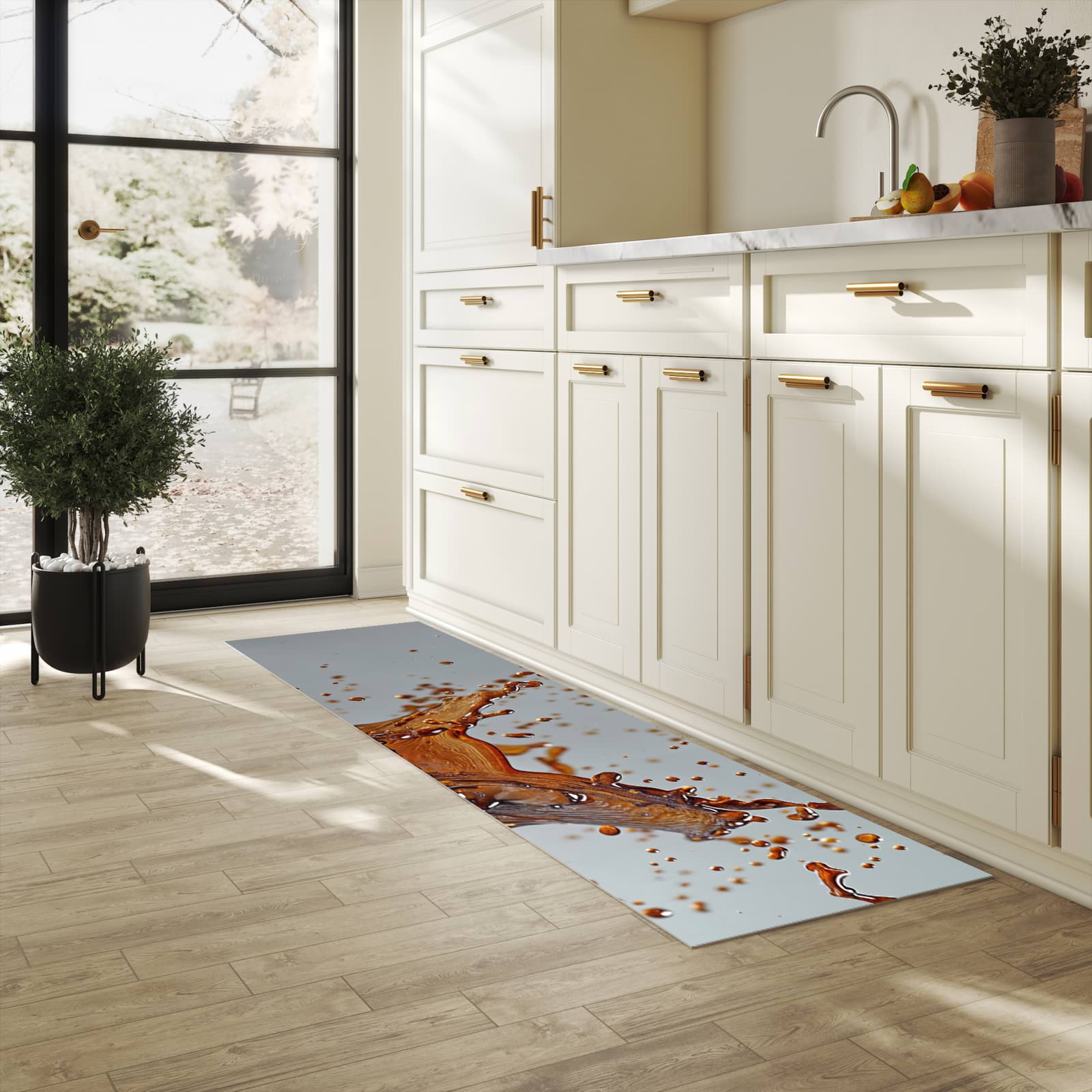 UV-beständiger rutschfester Küchenläufer mit Motiv Kaffeeexplosion in heller Küche