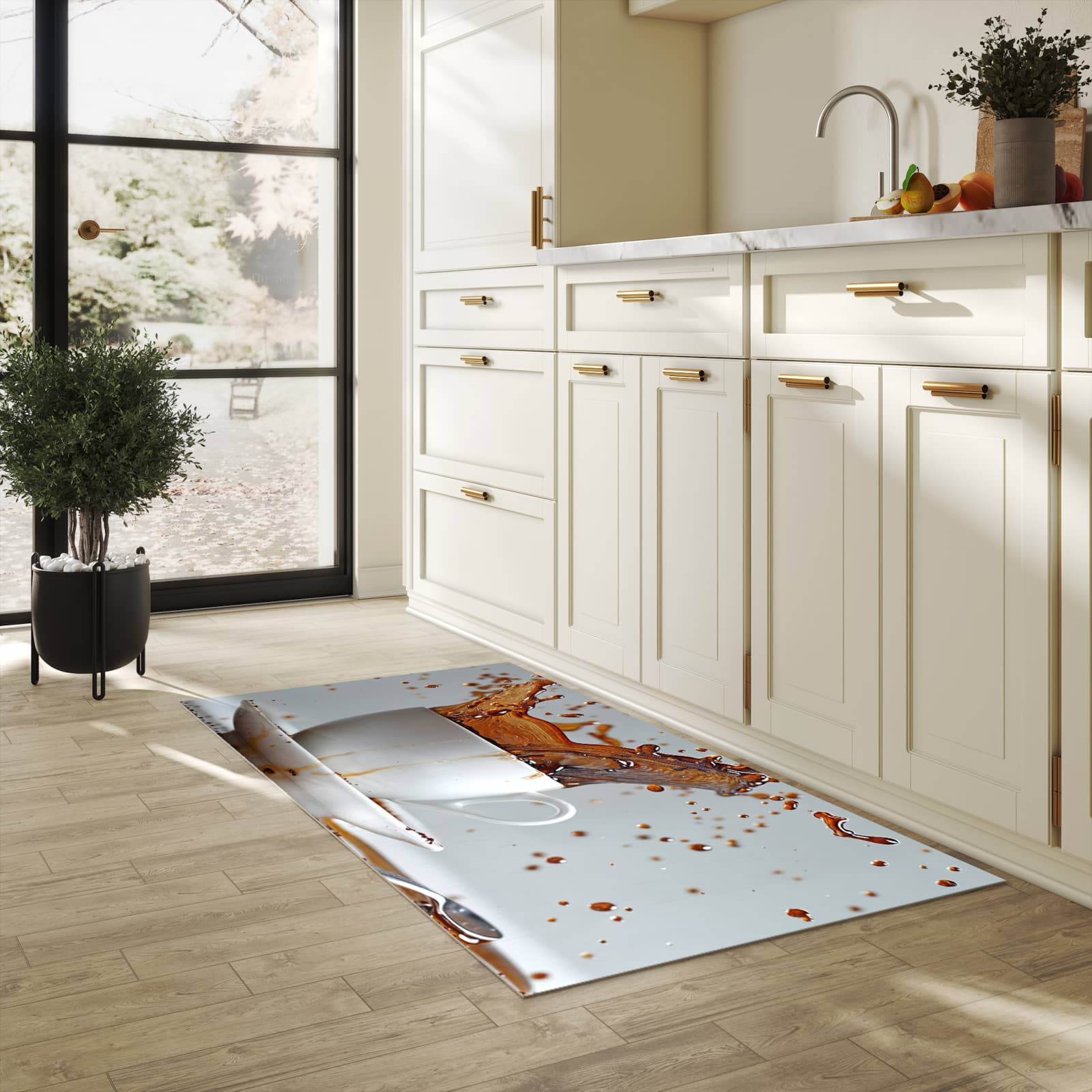 Pflegeleichter Küchenläufer mit Motiv Kaffeeexplosion in heller Küche
