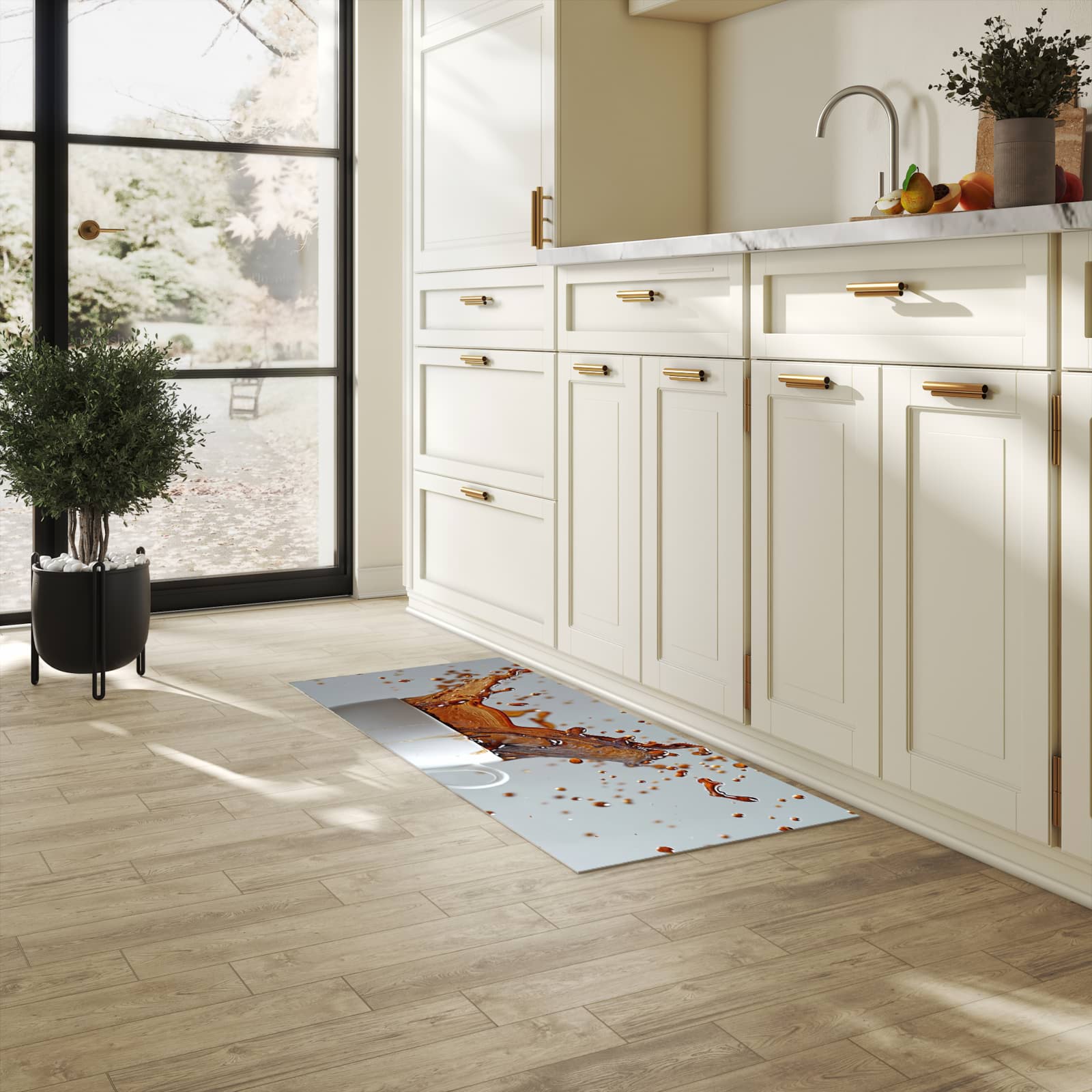 Geräuschdämpfender waschbarer Küchenläufer mit Motiv Kaffeeexplosion in heller Küche