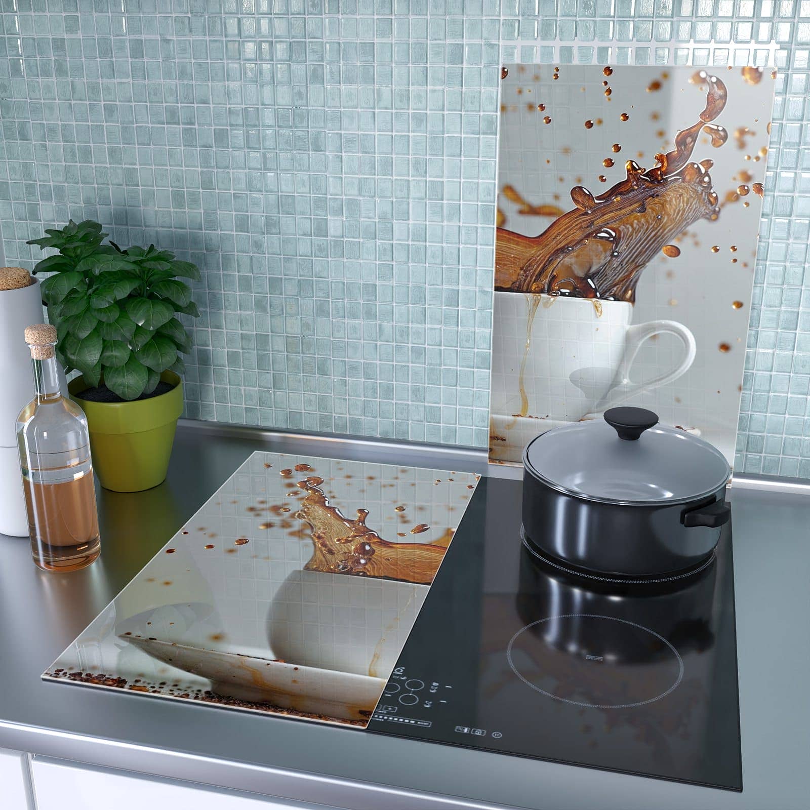 2-teilige Ceranfeldabdeckungen mit Kaffeeexplosion-Motiv als Spritzschutz hinter dem Kochfeld