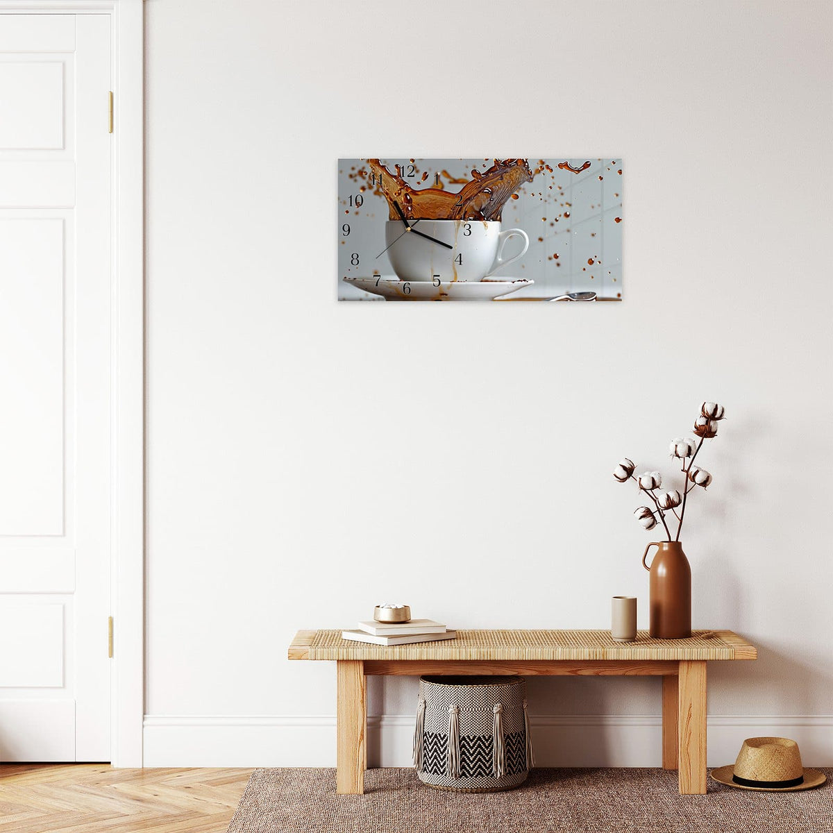 Moderne Wanduhr aus Glas mit Farbtiefe – Wanduhr Kaffeeexplosion aus Glas – Querformat 60 × 30 cm