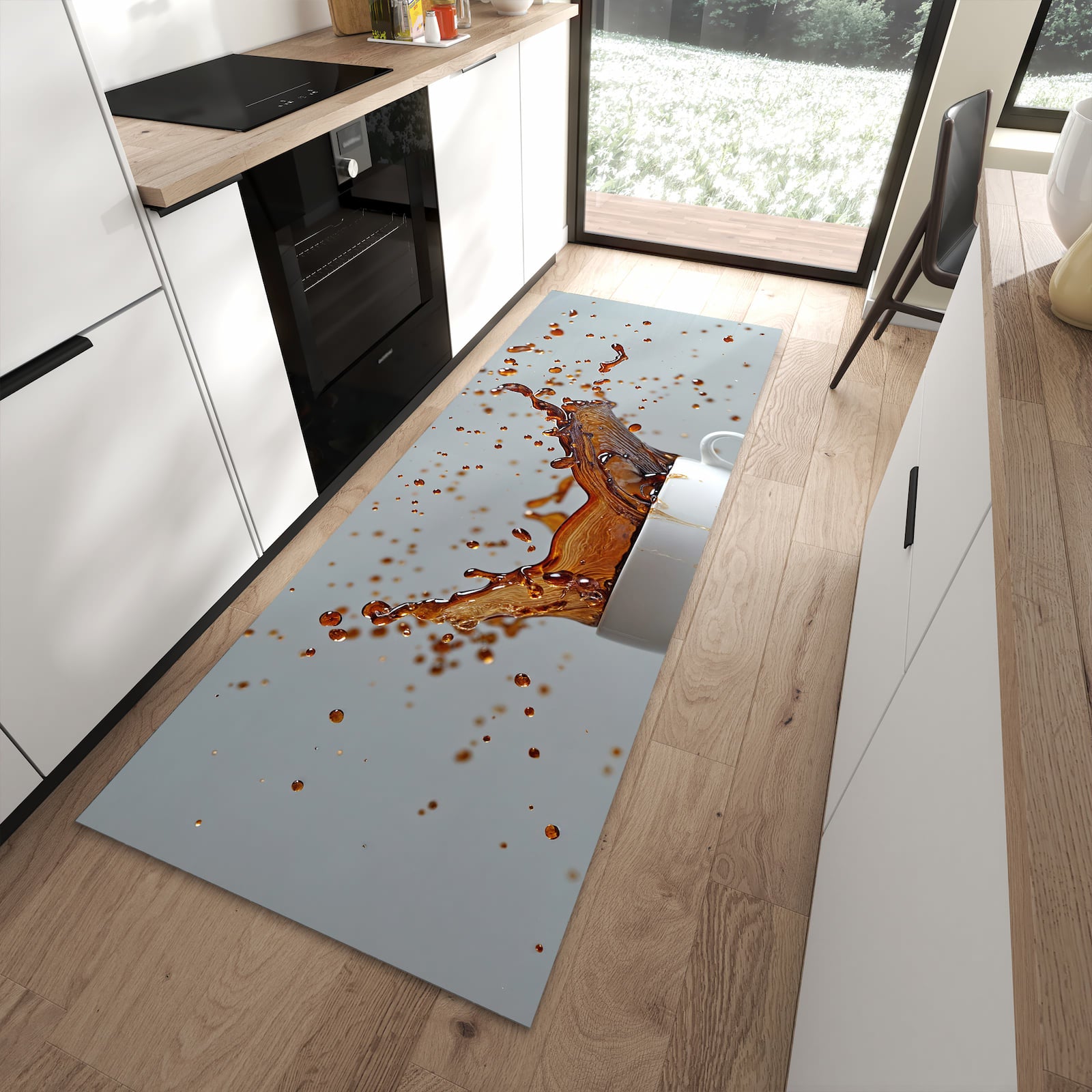 Komfortabler Küchenteppich mit Motiv Kaffeeexplosion in moderner Küche - abwaschbar