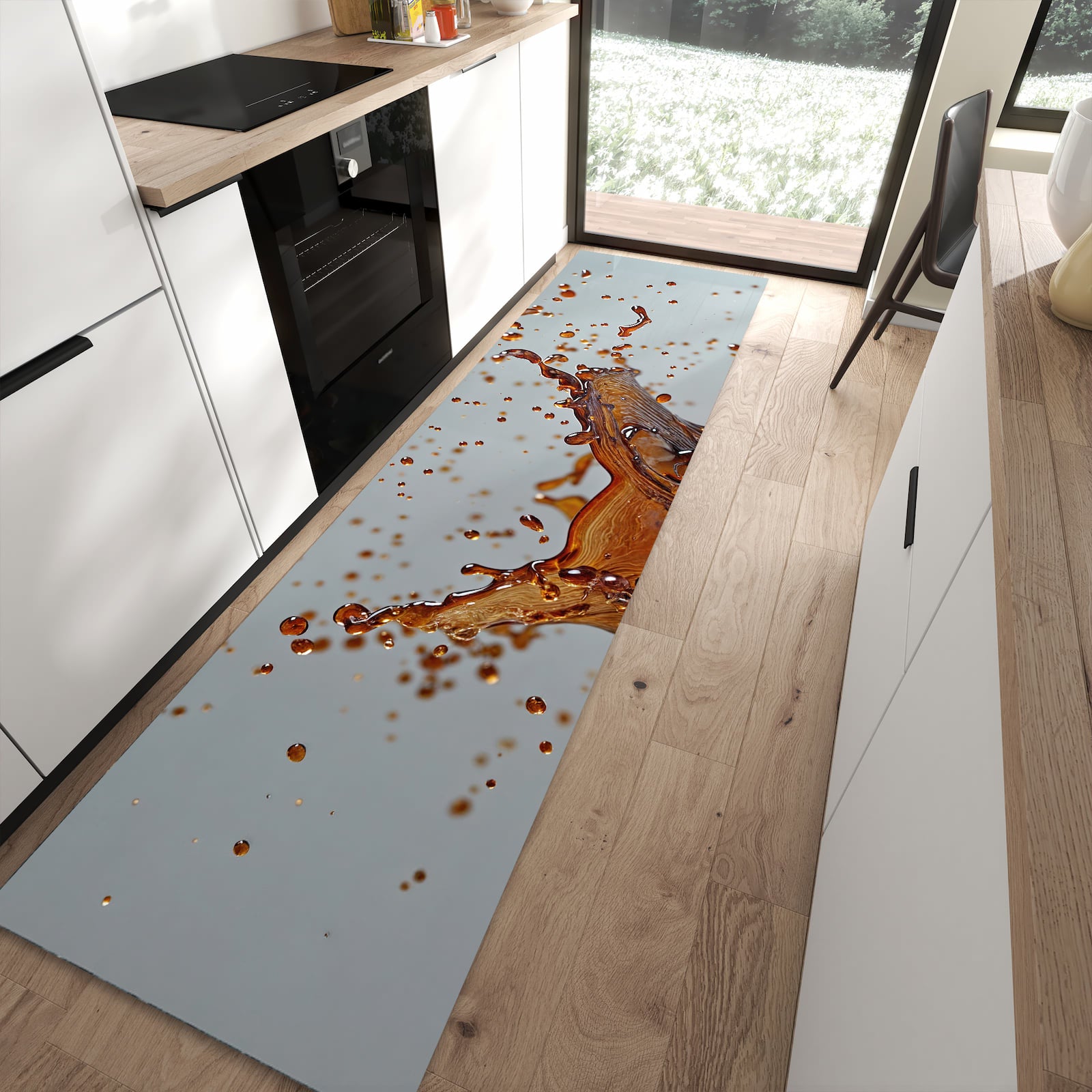 Abriebfester moderner Küchenläufer mit Motiv Kaffeeexplosion in moderner Küche
