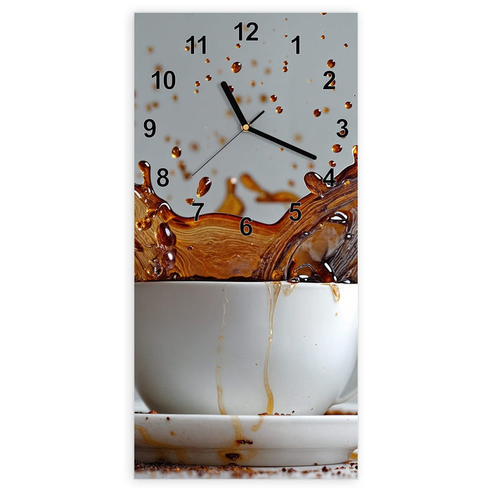 Wanduhr Kaffeeexplosion aus Glas – Hochformat 30 × 60 cm mit Ziffernblatt Modern