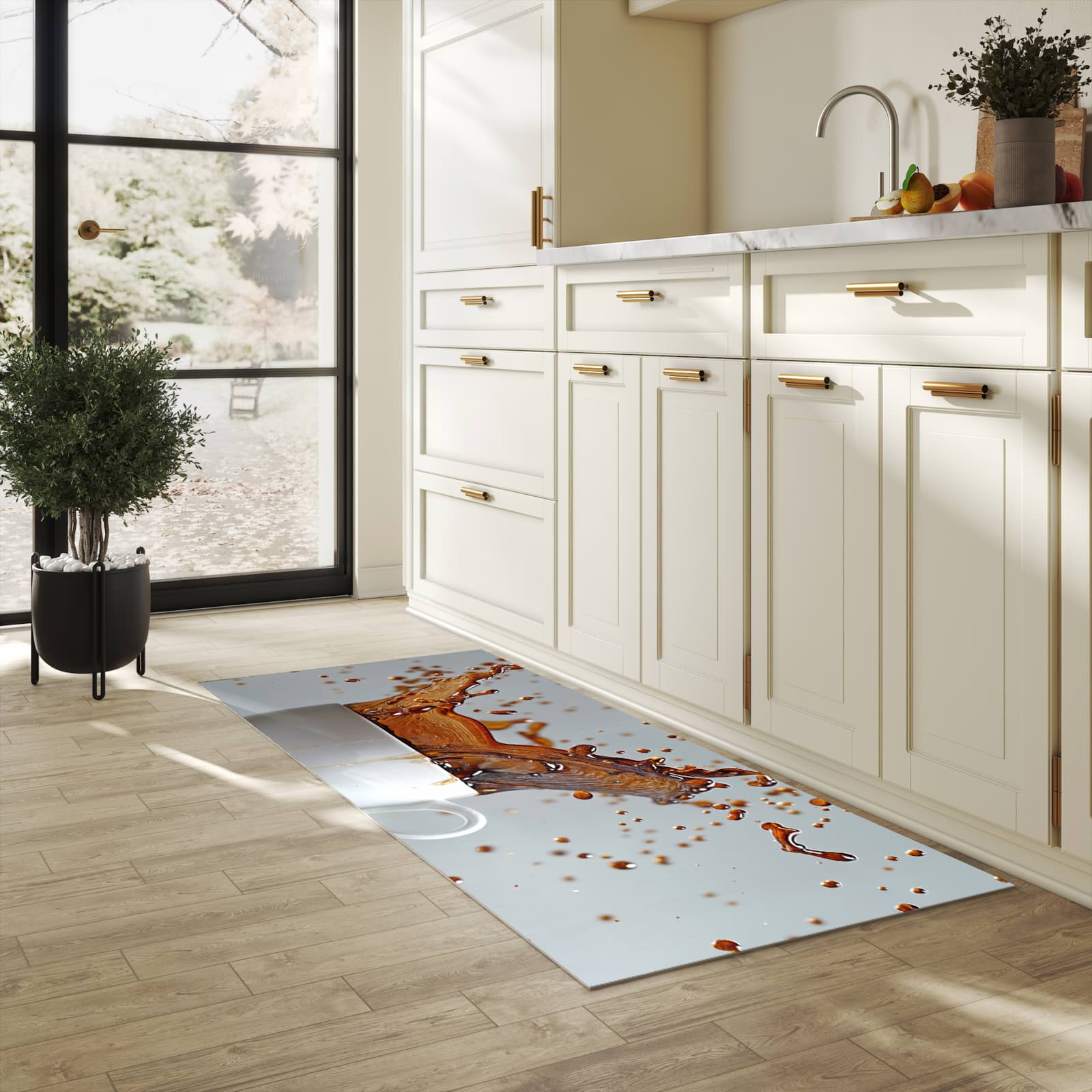 Schmutzabweisender moderner Küchenläufer mit Motiv Kaffeeexplosion in heller Küche