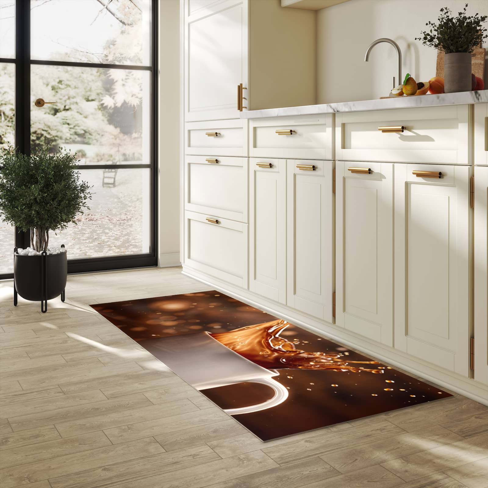 Waschbarer Küchenteppich mit Motiv Kaffee Spritzer in heller Küche schont den Boden