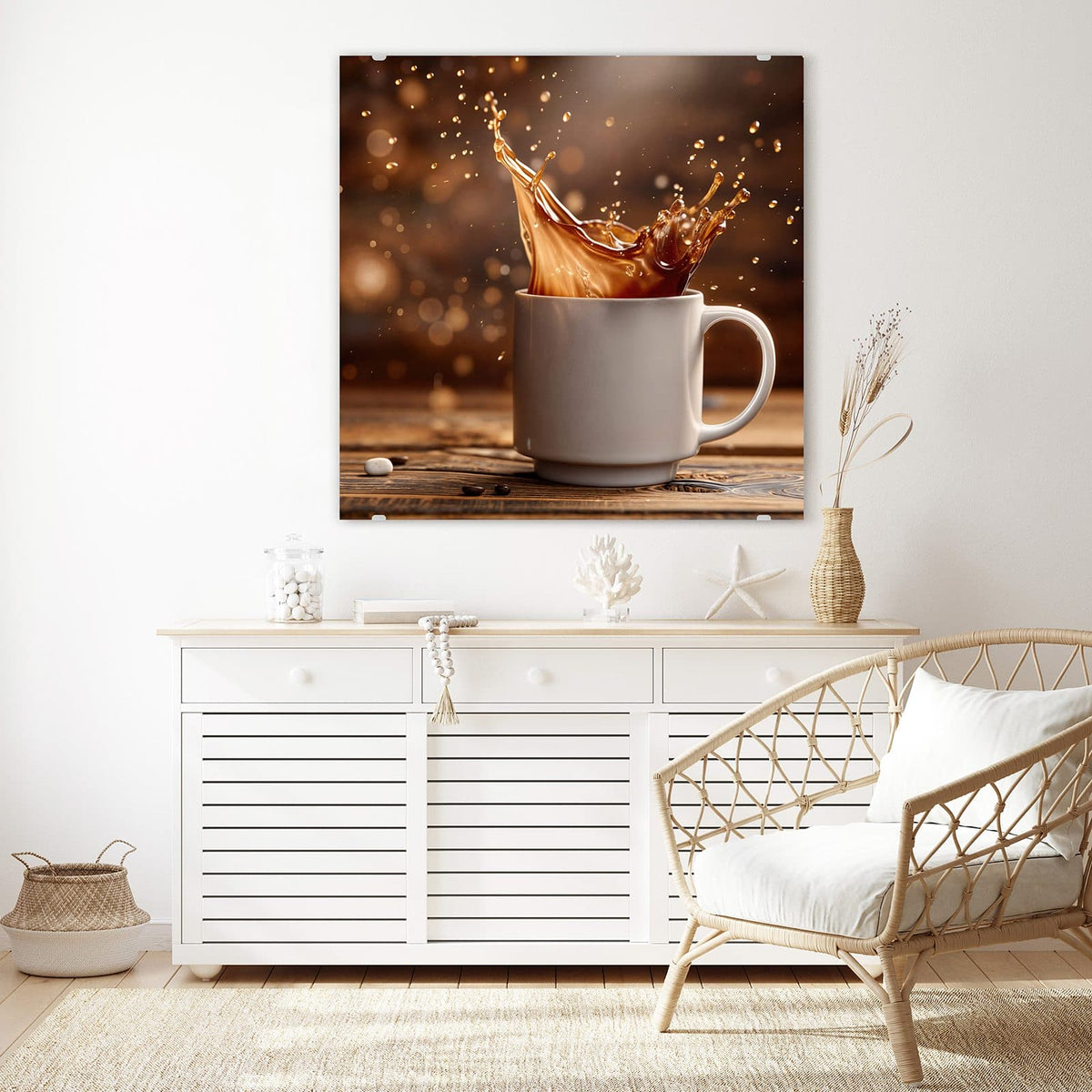 Echtglas, 4 mm – kein Acryl, keine Folie – Wandbild - Goldene Kaffeewelle - Quadratisch