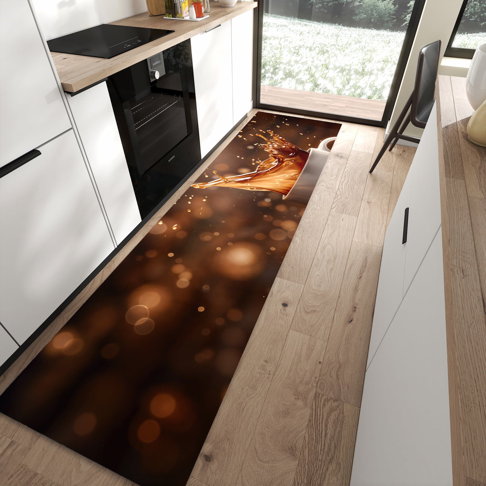 Strapazierfähiger rutschfester Küchenteppich mit Motiv Kaffee Spritzer in moderner Küche