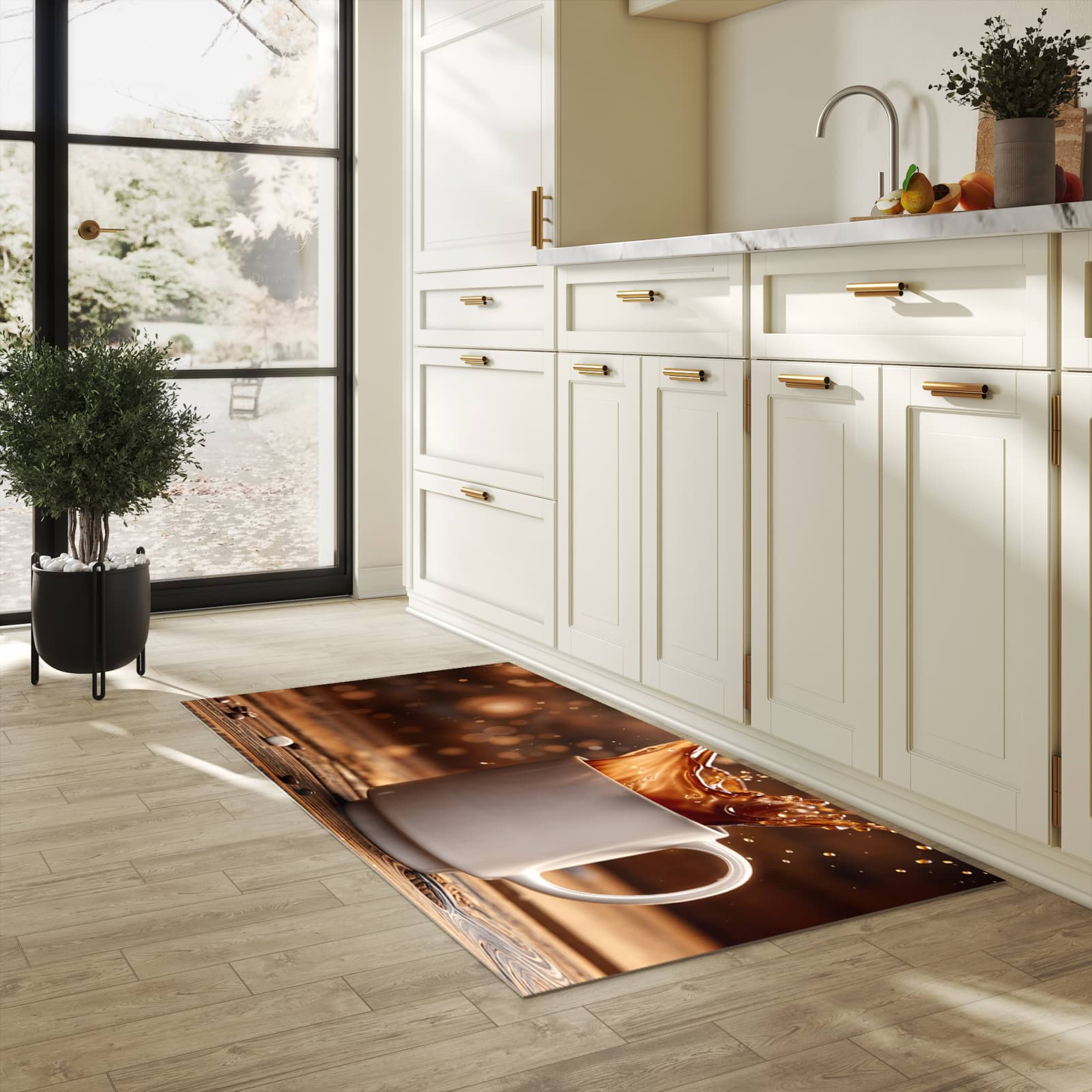 Formstabiler waschbarer Küchenteppich mit Motiv Kaffee Spritzer in heller Küche