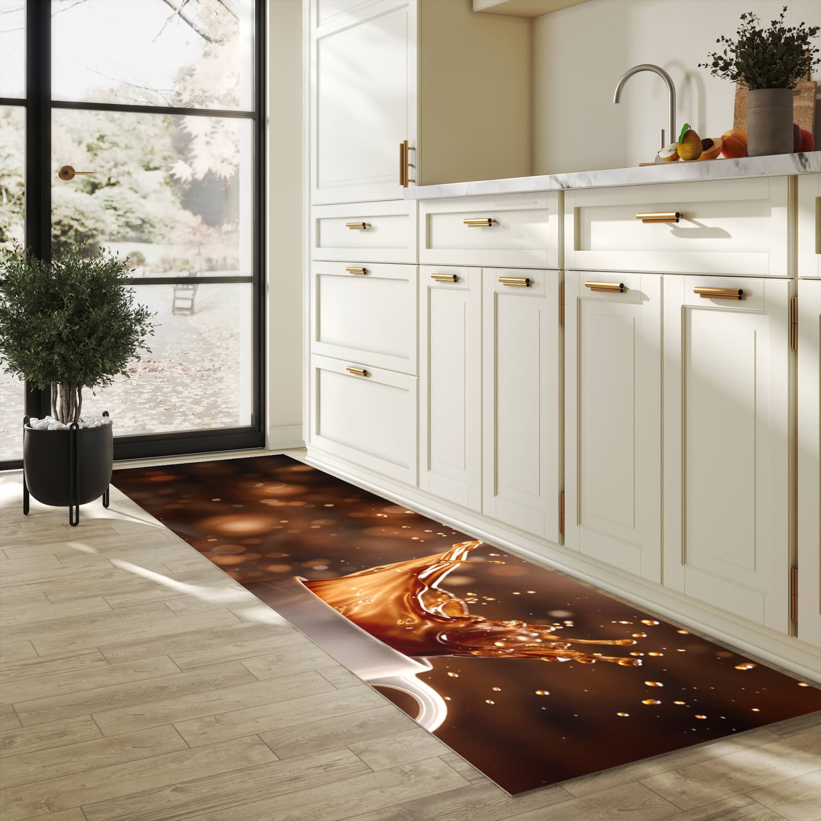 Farbbeständiger rutschfester Küchenteppich mit Motiv Kaffee Spritzer in heller Küche