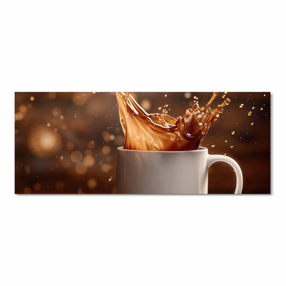 Kaffee spritzt aus einer weißen Tasse, goldenes Bokeh im Hintergrund, Holztisch