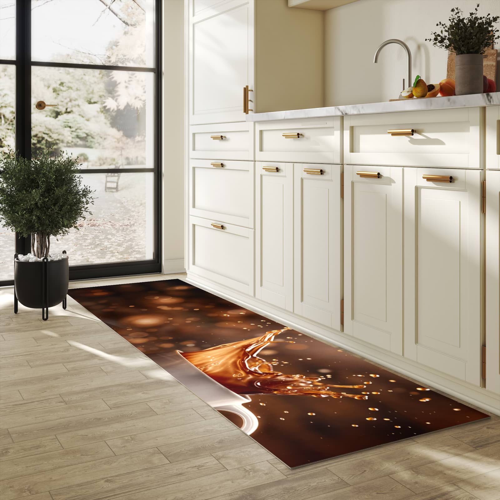 Bodenschonender großer Küchenteppich mit Motiv Kaffee Spritzer in heller Küche