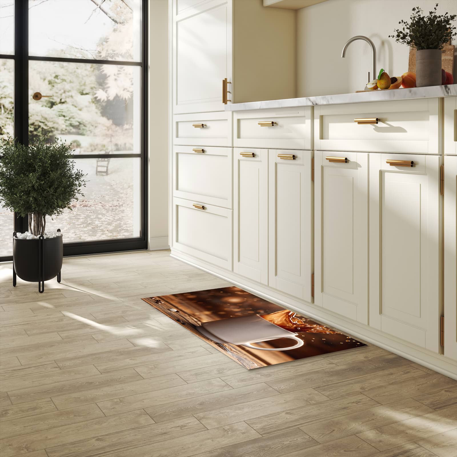 Bodenläufer mit Motiv Kaffee Spritzer für angenehme Haptik in heller Küche