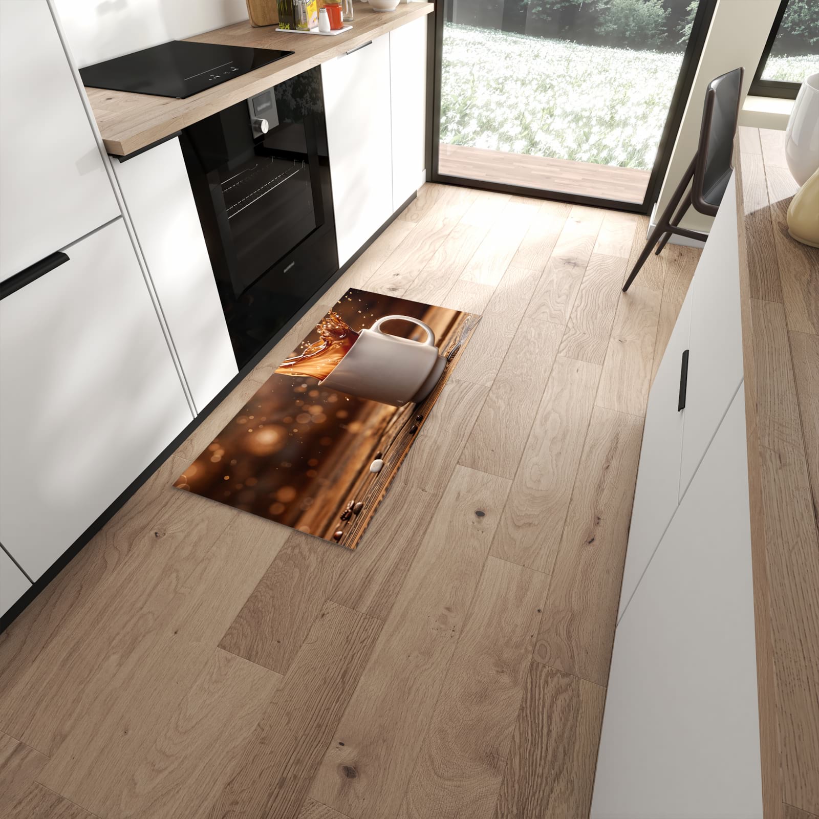 Schmutzabweisender Bodenläufer mit Motiv Kaffee Spritzer in moderner Küche #grösse_60 x 120 cm