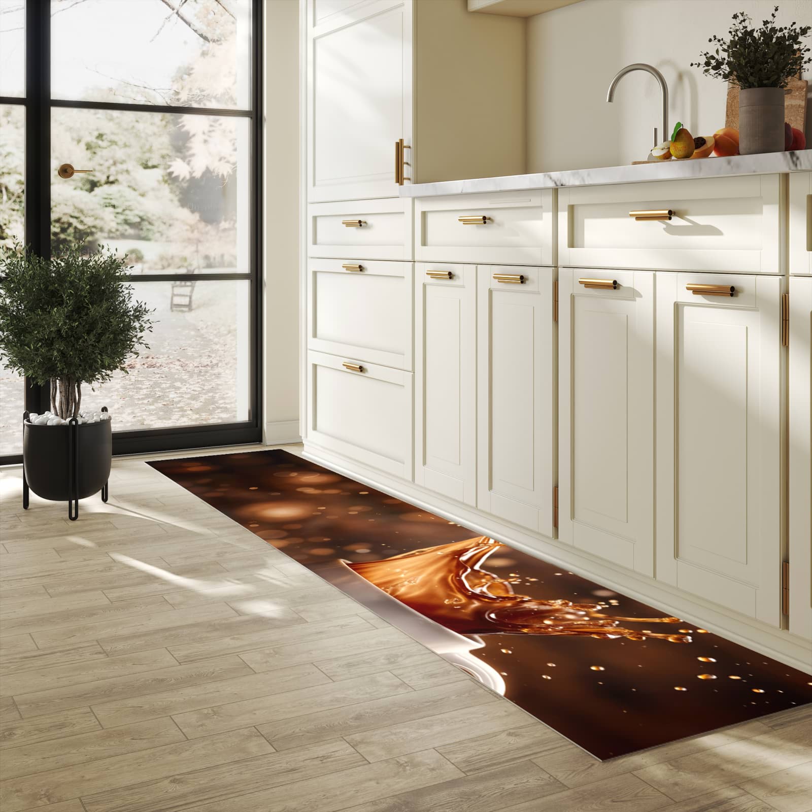 Rutschfester Küchenteppich mit Motiv Kaffee Spritzer in heller Küche