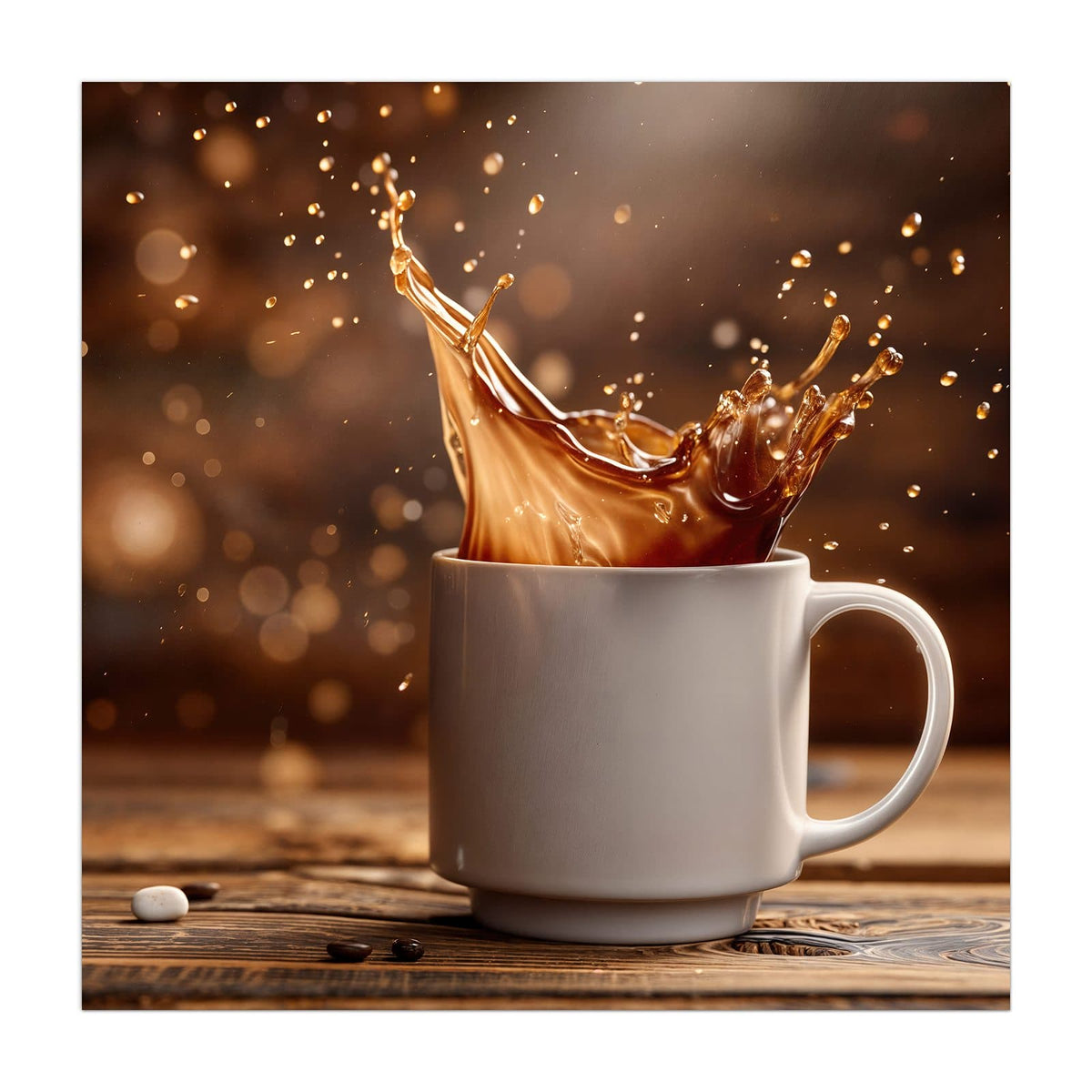 Kaffee spritzt aus einer weißen Tasse, goldenes Bokeh im Hintergrund, Holztisch