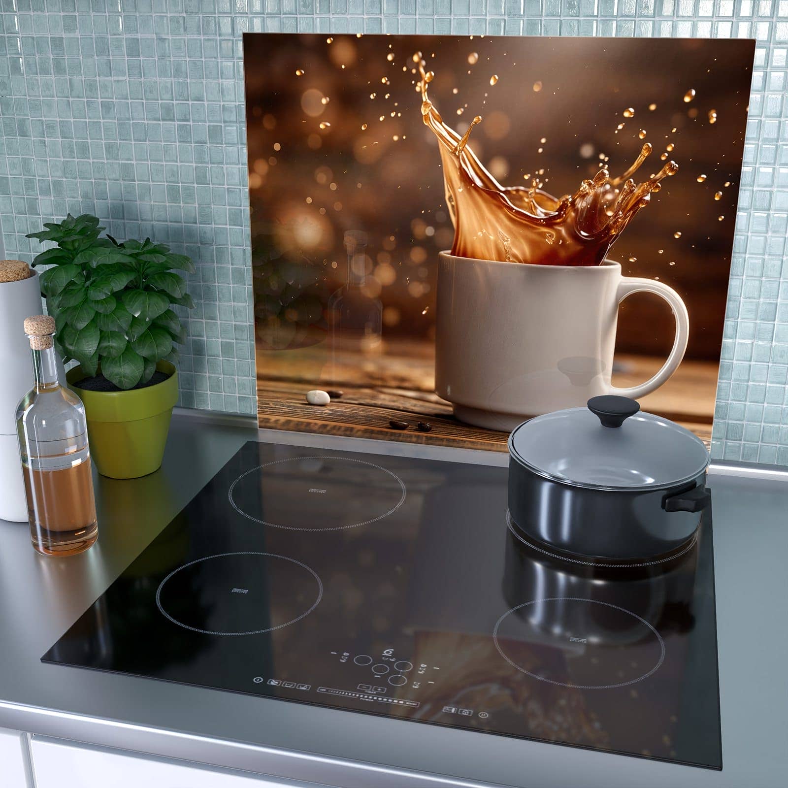 1-teilige Herdabdeckplatte Induktion mit Kaffee Spritzer-Motiv als Spritzschutz hinter dem Kochfeld