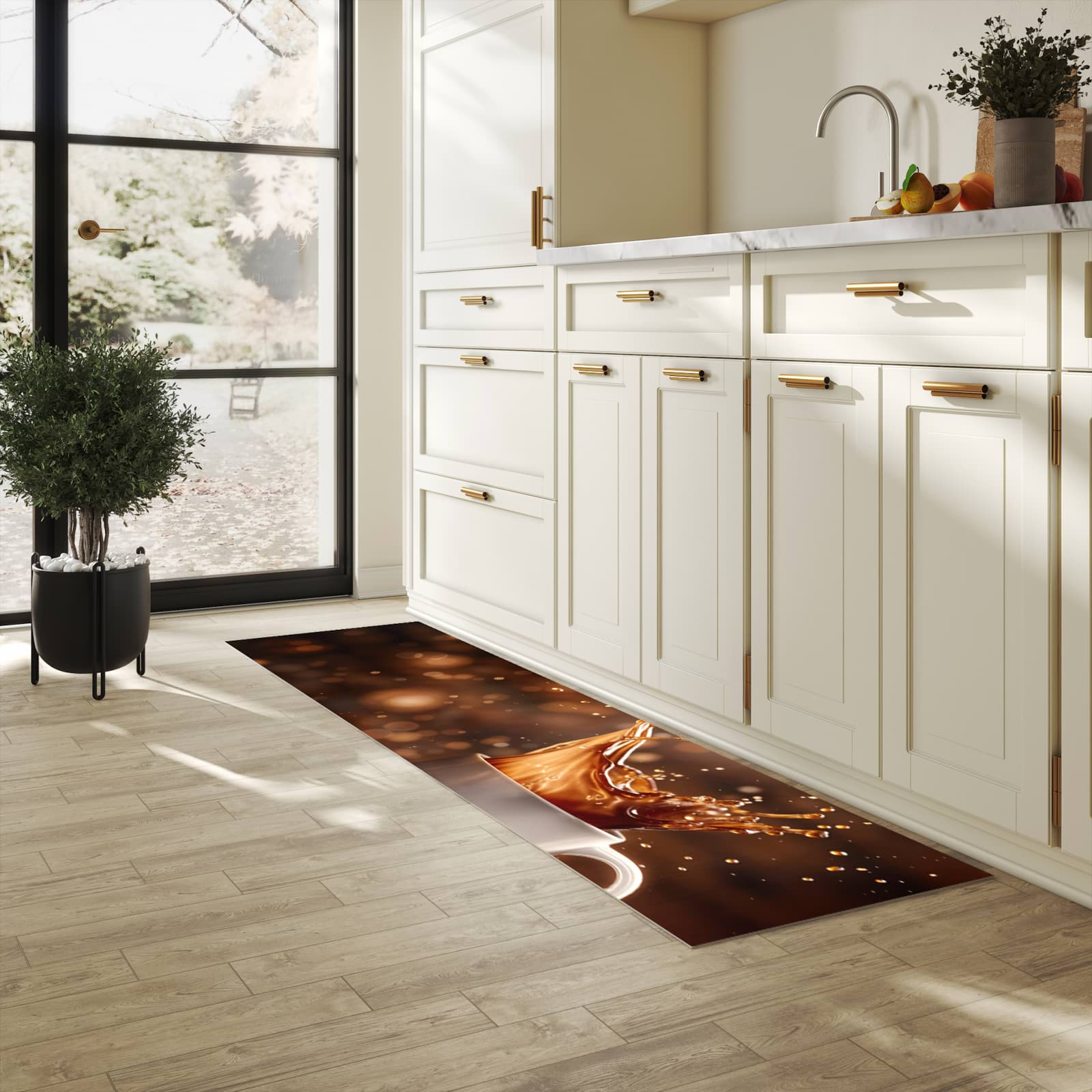 Waschbarer Küchenteppich mit Motiv Kaffee Spritzer in heller Küche