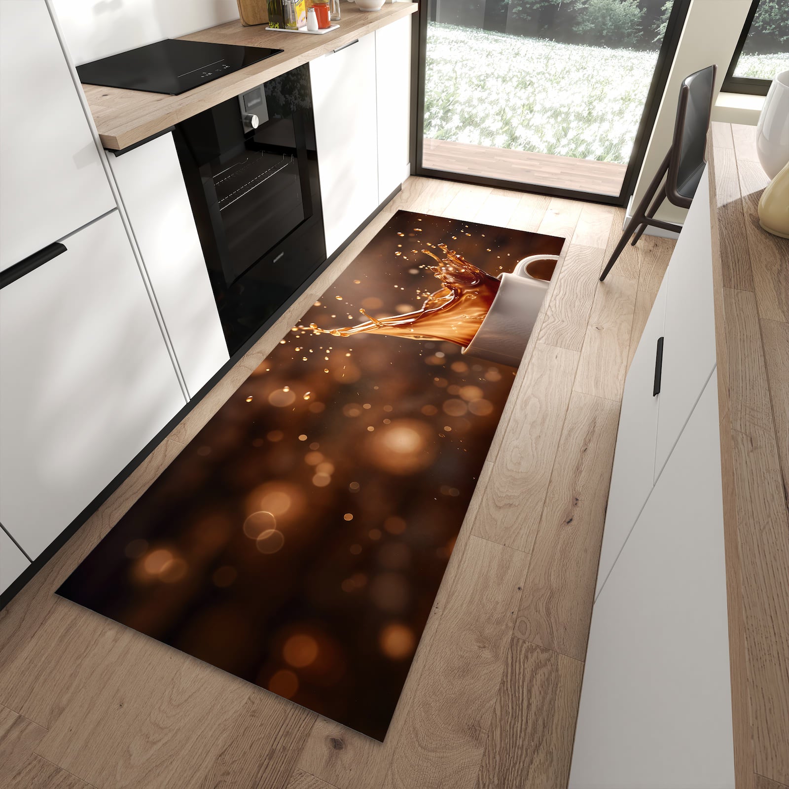 Langlebiger Küchenläufer mit Motiv Kaffee Spritzer in moderner Küche