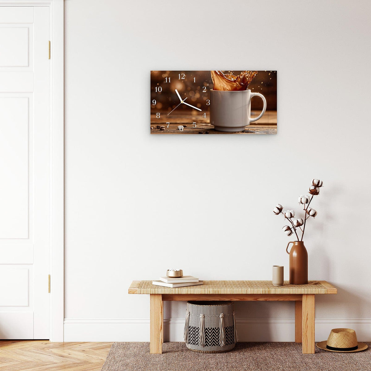 Moderne Wanduhr aus Glas mit Farbtiefe – Wanduhr Kaffee Spritzer aus Glas – Querformat 60 × 30 cm