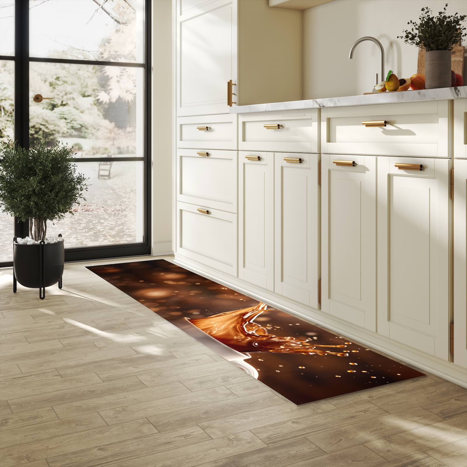 Langlebiger Küchenläufer mit Motiv Kaffee Spritzer in heller Küche