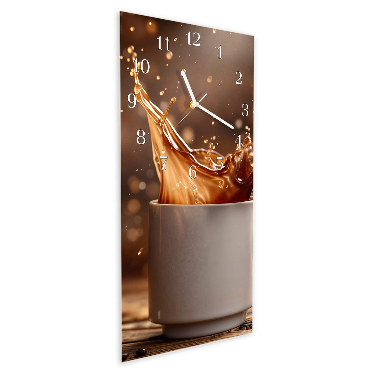 Vormontiert – mit Schwebeeffekt – Wanduhr Kaffee Spritzer aus Glas – Hochformat 30 × 60 cm