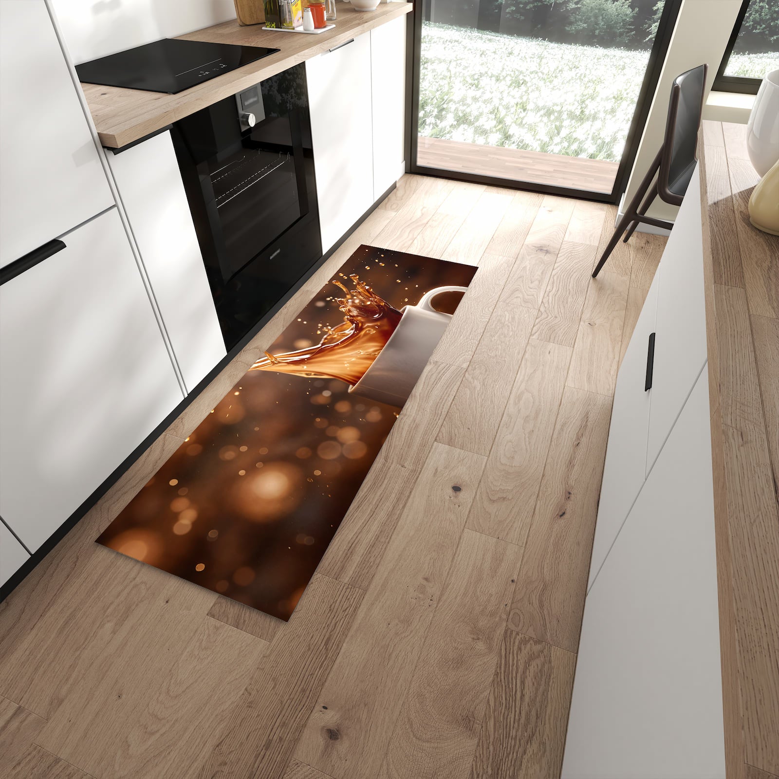 Langlebiger Küchenteppich mit Motiv Kaffee Spritzer in moderner Küche