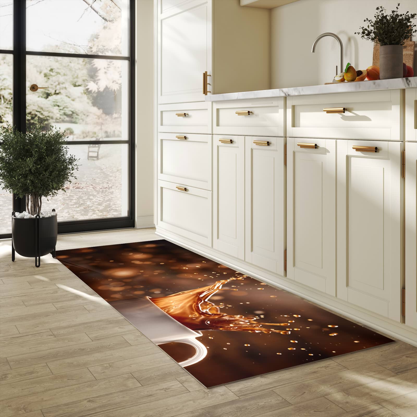 Küchenteppich mit Motiv Kaffee Spritzer in heller Küche für sichere Aufbewahrung