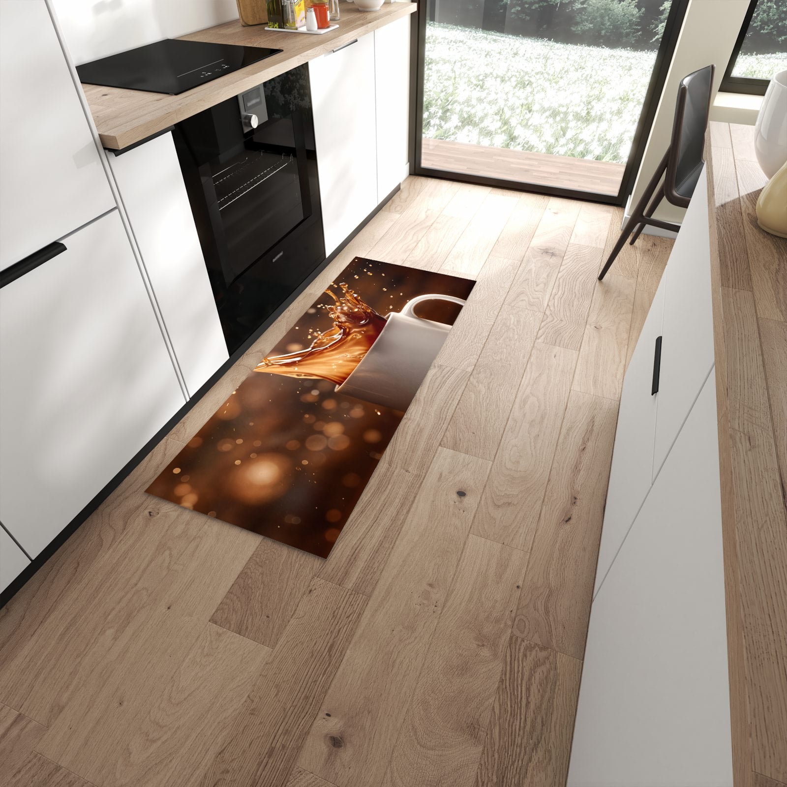 Geruchsneutraler Bodenläufer Teppich mit Motiv Kaffee Spritzer in moderner Küche #grösse_60 x 150 cm
