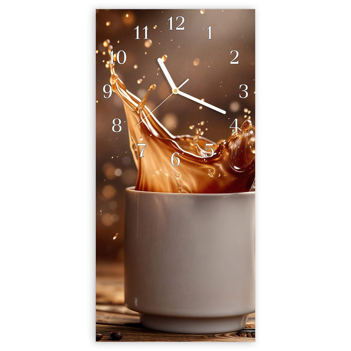 Wanduhr Kaffee Spritzer aus Glas – Hochformat 30 × 60 cm mit Ziffernblatt Klassisch